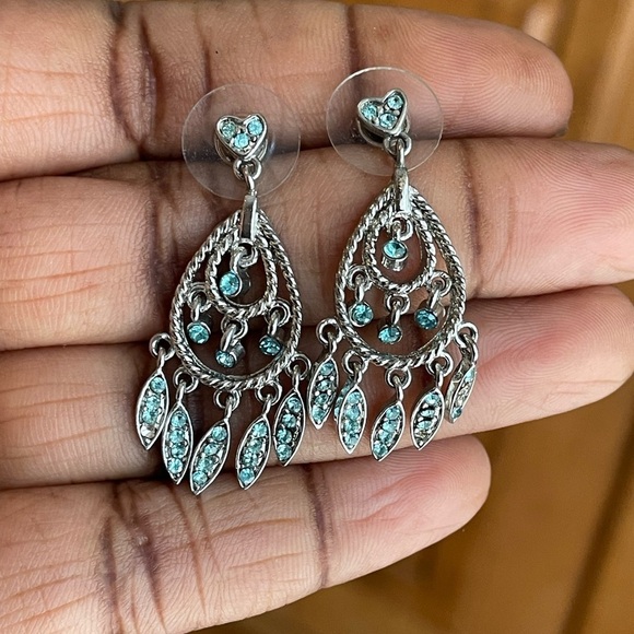 Silver Toned Blue Crystal Chandelier Earrings - Picture 5 of 5